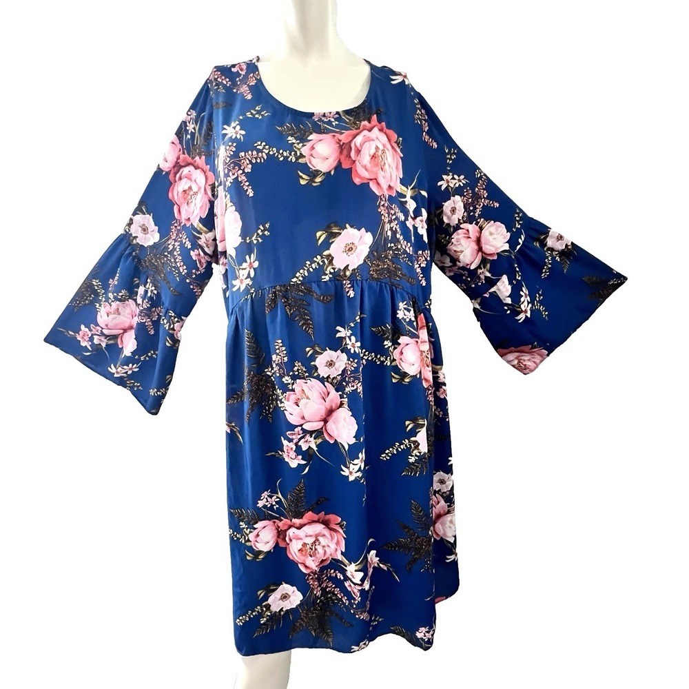 Moa Moa Dress Womens 3X Blue Floral Bell Sleeve Babydoll Boho Cottagecore Spring - Picture 2 of 9